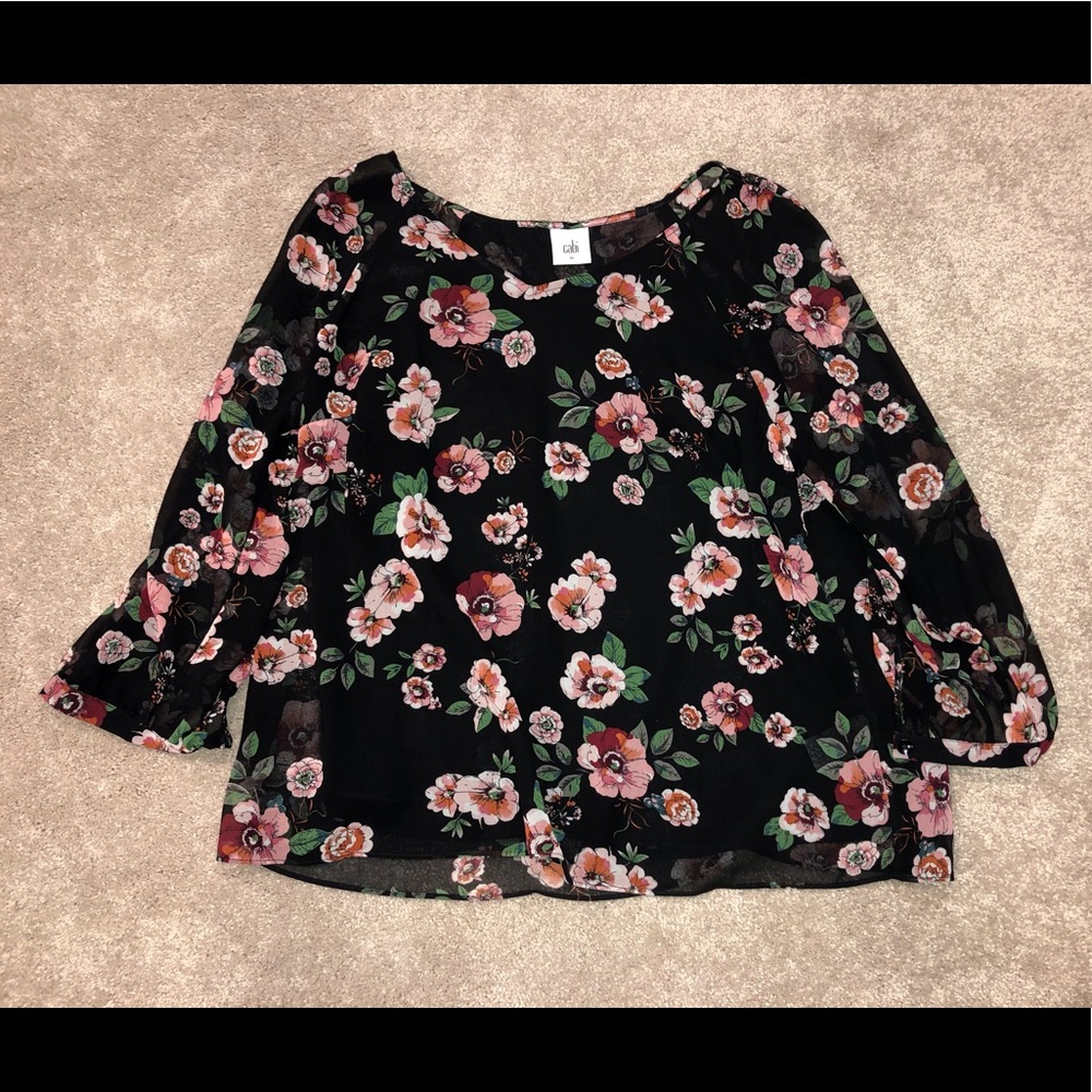 Cabi black and pink floral layered Garden Blouse